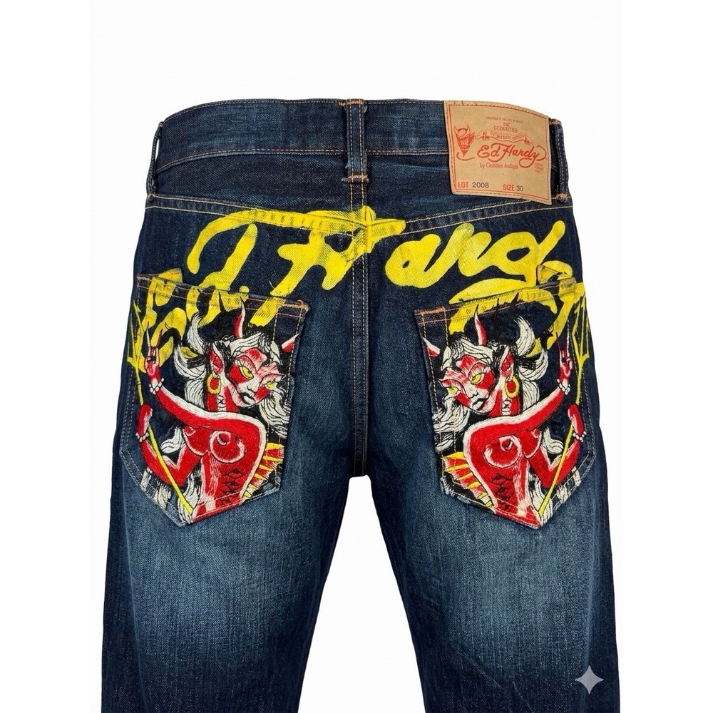 Vintage Ed Hardy Lot 2008 Embroidered She Devil Jeans 30 Yellow Spellout 30 x 34